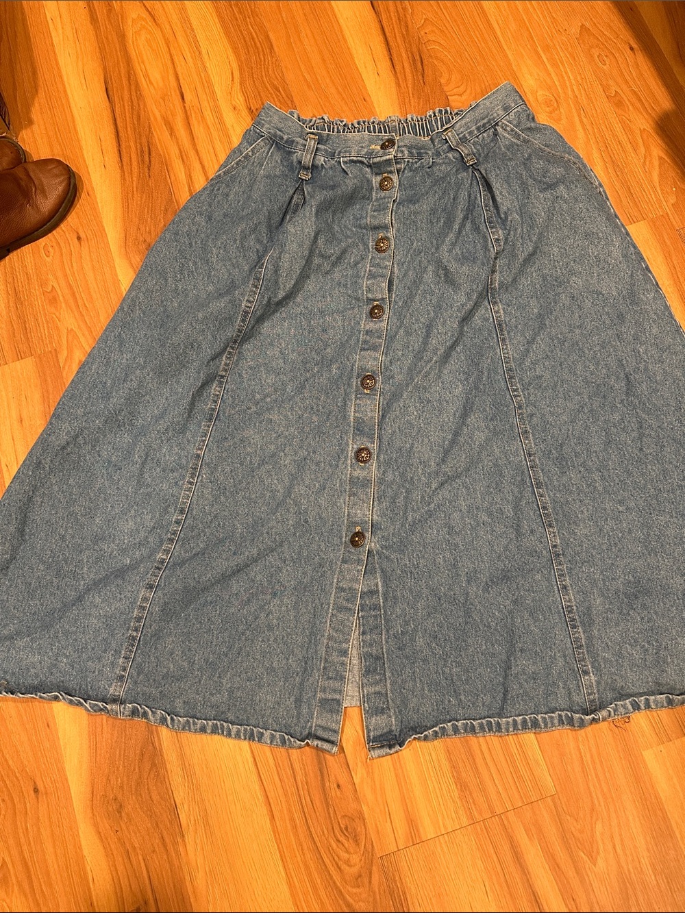 High-Rise Blue Denim Button-Front Flare Skirt